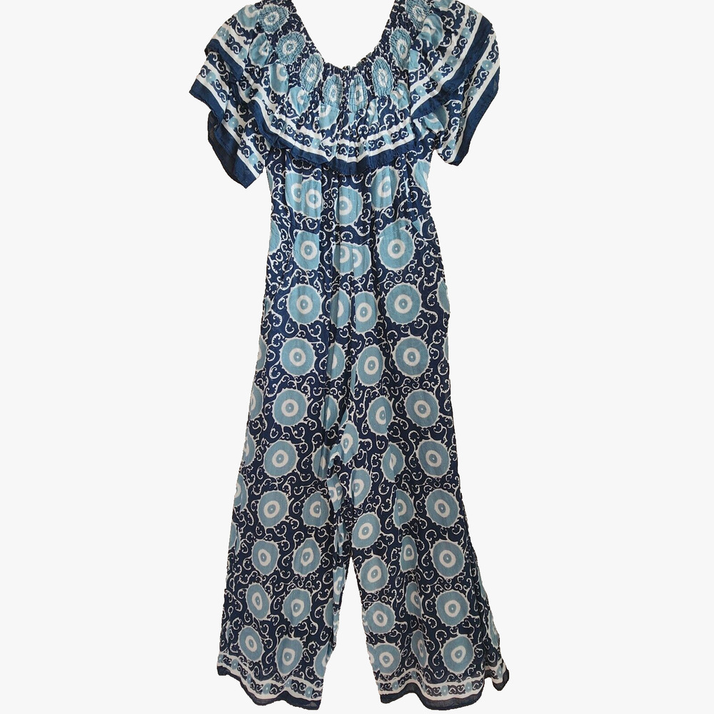 KOPAL Blue Wide Leg Jumpsuit Romper Ruffle Top Lined Pockets Size XS0